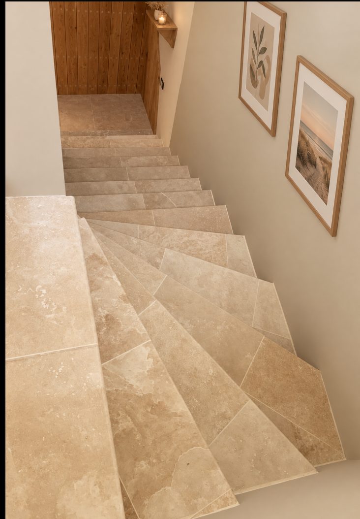 Habillage d'escalier en pierre naturelle (travertin) réalisé par Plomb Sabati près de Loches