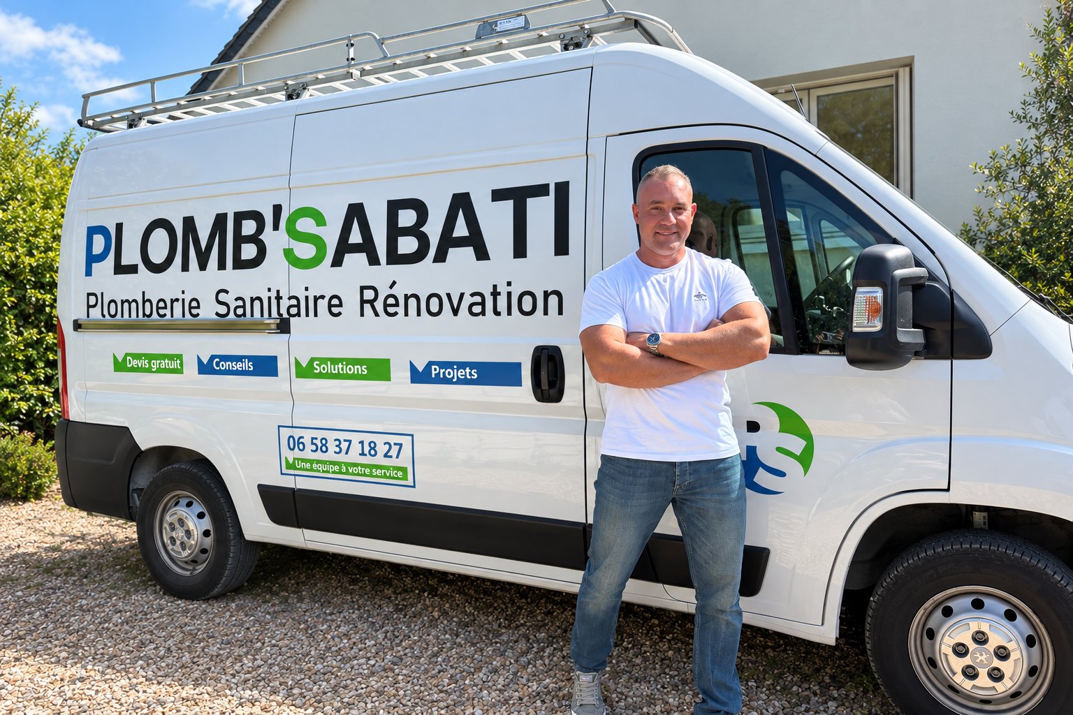 Habas Hosinee, fondateur de Plomb Sabati, artisan plombier à Beaulieu-lès-Loches (37), devant son camion d'intervention